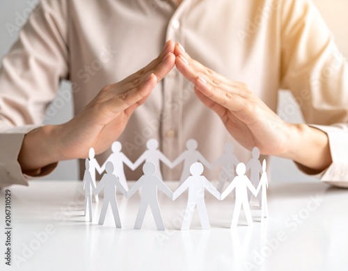 Hands Protecting a Circular Chain of Paper Cutout People Representing Community Safety and Social Security