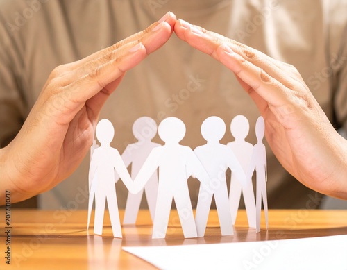 Hands forming a protective shelter over paper people cutout figures representing community support, insurance coverage, and family safety