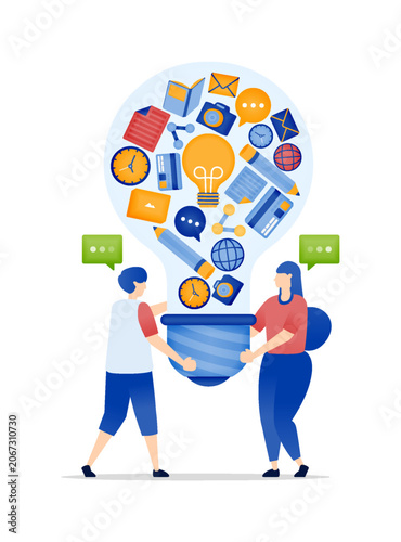 Two people carrying light bulbs with ideas inside, flat illustration vector design illustrating innovation and creative ideas at work in business