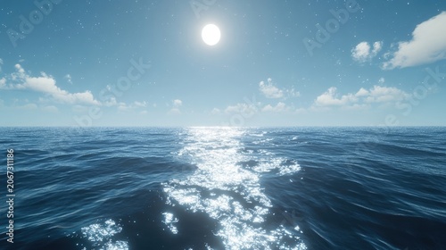 A moonlit ocean, with the water gently shimmering under a soft, starry sky