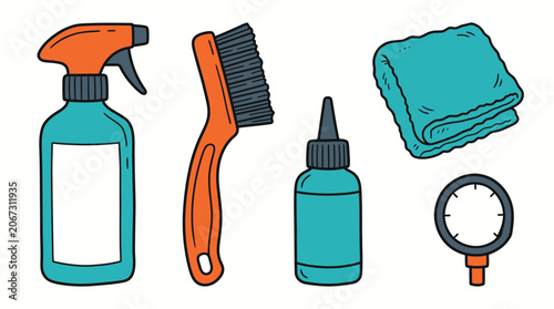 Quadro su tela Colorful illustration of cleaning supplies including a spray bottle, brush, smal