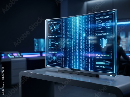 Transparent screen displaying cybersecurity threat data and network defense status in a modern control center