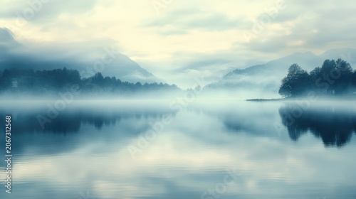 A misty morning on a calm lake, with the water reflecting the soft hues of the early light