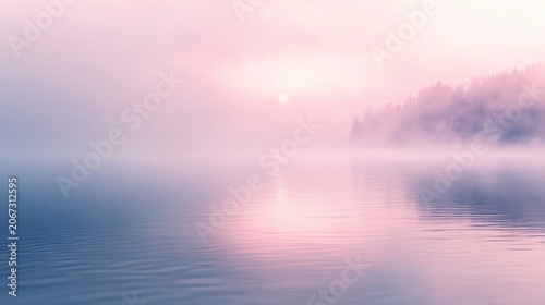 A misty morning on a calm lake, with the water reflecting the soft hues of the early light