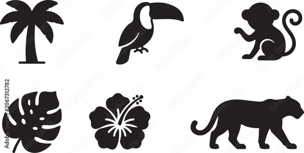 Obraz premium Black and white tropical animal and plant icons set Vector