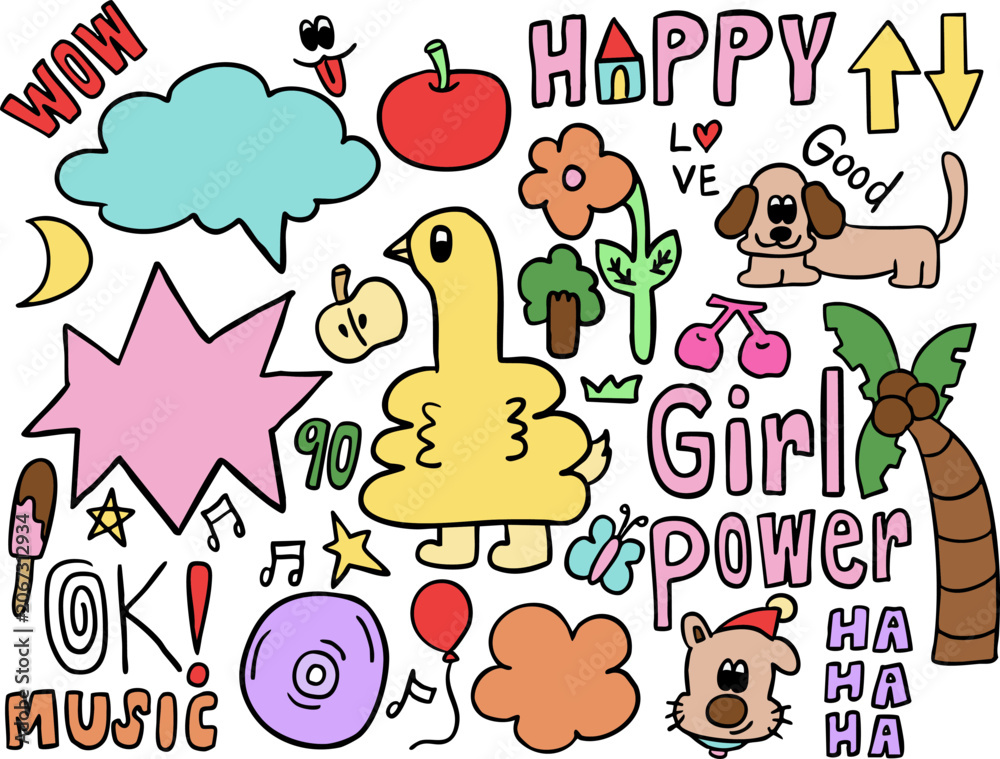 Naklejka premium Vector illustrations of kid drawing elements such as puppy, yellow duck, coconut tree, text bubbles, apple, flowers, tree, pink cherry, moon, butterfly, girl power letters, star, apple, red balloon