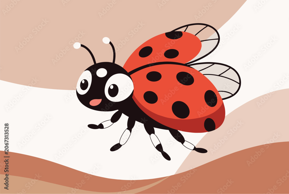 Fototapeta premium Cute ladybug character with red and black spots crawling on a whimsical background with soft flowing brown and cream shapes.