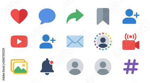 A collection of social media icons on a white background with various symbols.