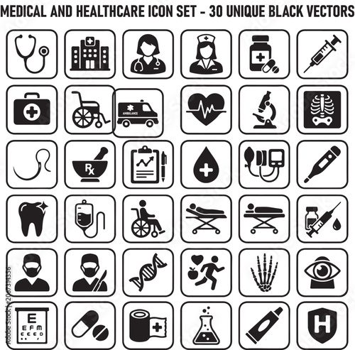 Medical and Healthcare Icon Set, 30 Unique Black Vector Icons for Hospital, Clinic, and Medicine Infrastructure

