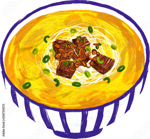 Asian Yellow Broth Beef Noodle Soup Bowl Illustration - Traditional Soto Lamongan or Coto Makassar Vector Art