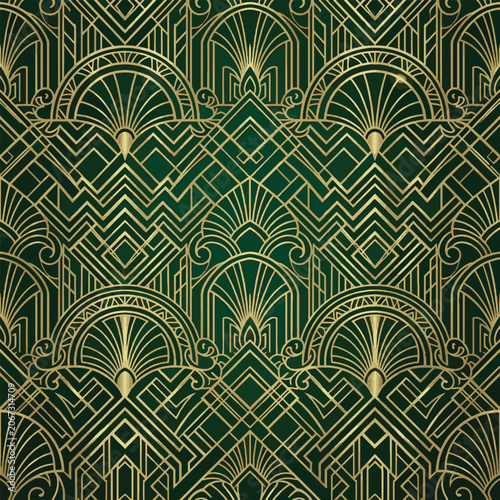 Art Deco Seamless Pattern with Luxurious Gold Geometric Lines on Dark Green Background
