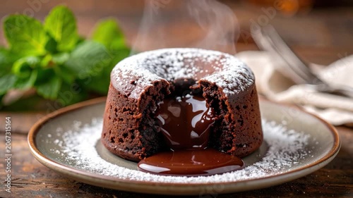 Close-up of a warm chocolate lava cake with mint garnish and powdered sugar