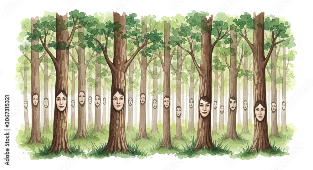 Obraz premium Whimsical forest with tree faces trees cartoon