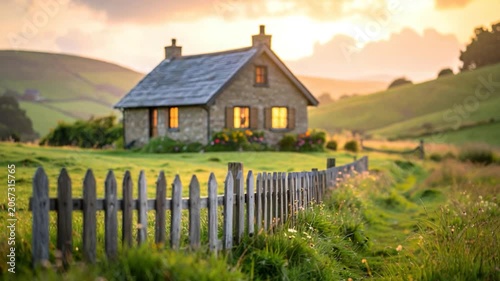 A quaint stone cottage with a wooden fence sits in a green field at sunset