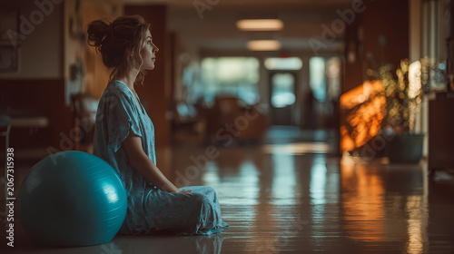 A calm expectant mother finds calm relief on a gym ball during labor preparation, authentic pregnancy care photography.
