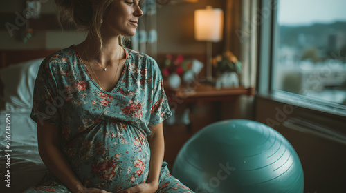 A calm expectant mother practices breathing techniques in a bright hospital room, soft natural light hospital setting.