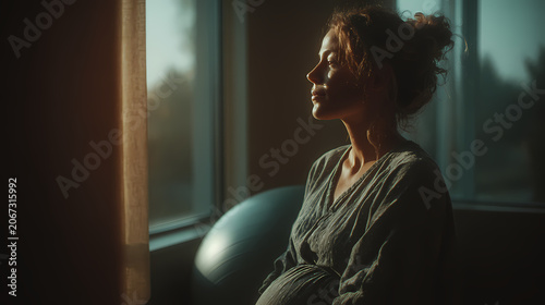 A calm expectant mother practices breathing techniques in a bright hospital room, prenatal wellness photography style.