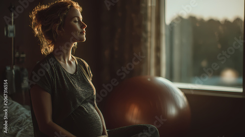 A calm expectant mother sits comfortably on a birthing ball in a modern suite, soft natural light hospital setting.