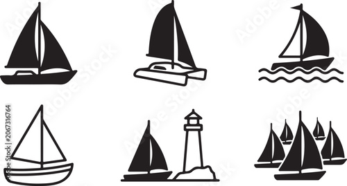 Obraz na plátně Six stylized sailboat icons with a lighthouse illustration Vector