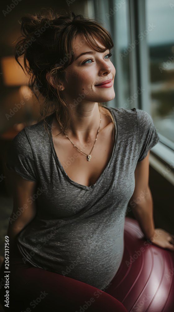 Fototapeta premium A focused pregnant woman rests peacefully in a modern birthing suite setting, soft natural light hospital setting.
