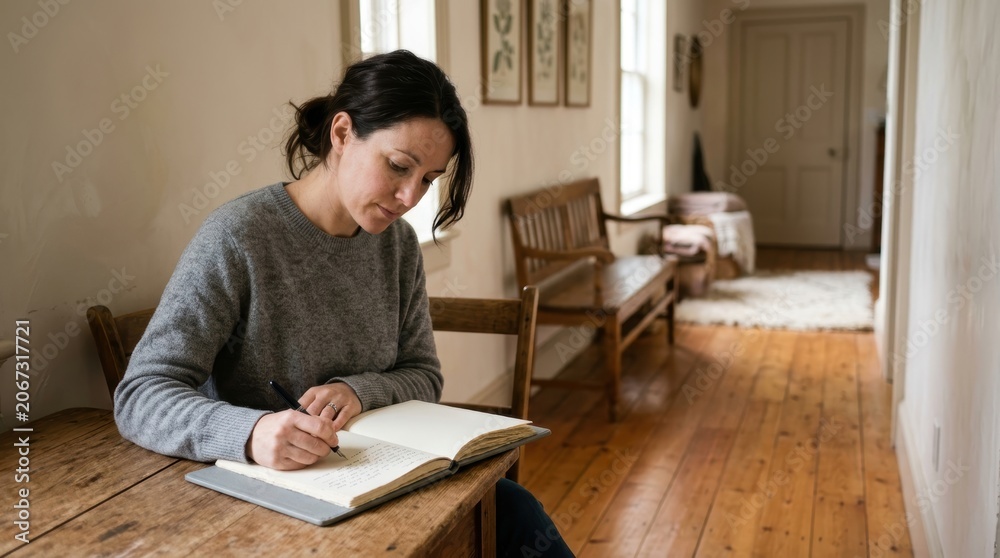 Obraz premium Young Woman Reading Book in Cozy Home Interior.