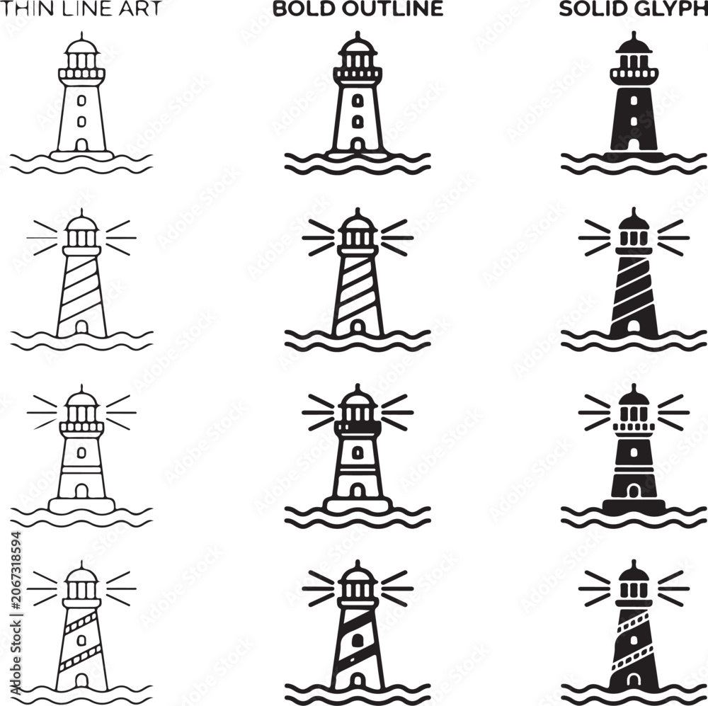 Fototapeta premium Lighthouse Icon Set with Thin Line Bold Outline and Solid Glyph Vector Illustration