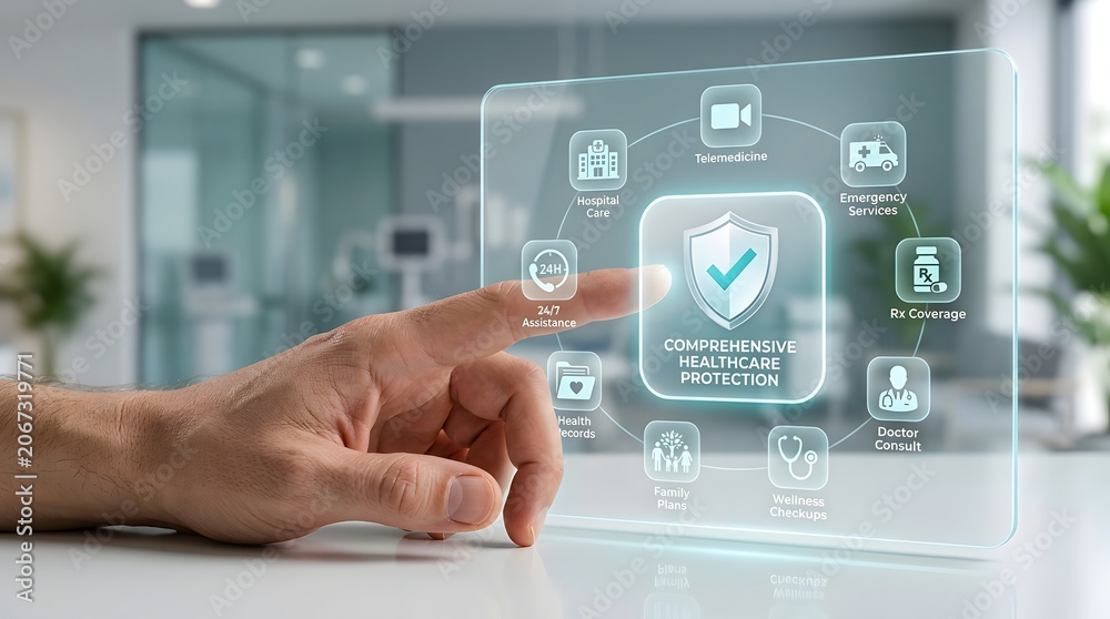 Fototapeta premium Healthcare protection interface with hand touch digital display concept