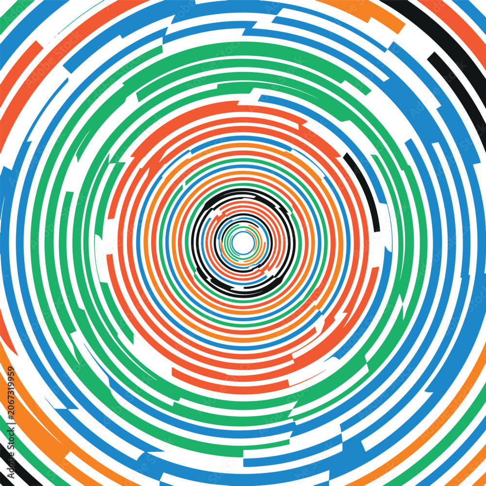 Fototapeta premium Abstract concentric circles with fragmented colorful lines creating a dynamic spiraling motion and a modern artistic background.
