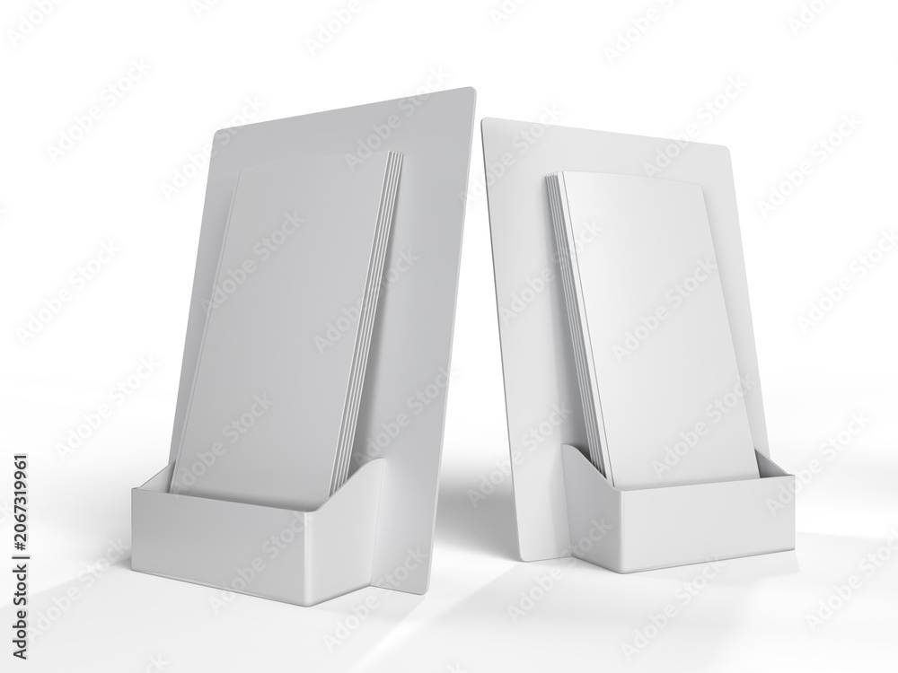 Fototapeta premium Blank brochure holder mockup with stacked brochures on a background. 3D Template ideal for corporate branding, marketing materials, retail promotions, office displays, and print advertising showcases.