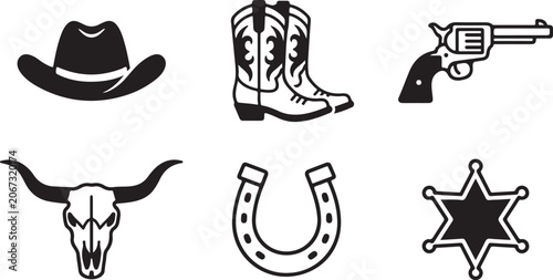 Tableau sur toile Black and white cowboy icons set with hat, boots, gun, skull, sheriff badge and