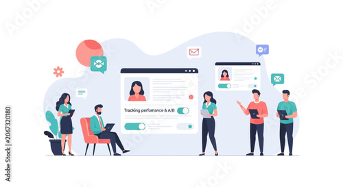 Professional team collaborating on digital human resources management software platform.