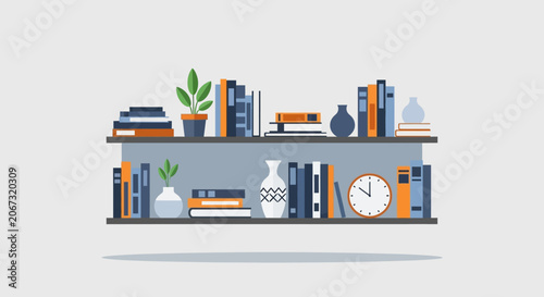 Modern Wall Shelves with Books Plants and Decor Items.