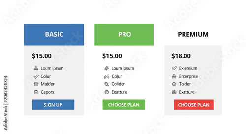 Modern website pricing table design with three subscription plans.