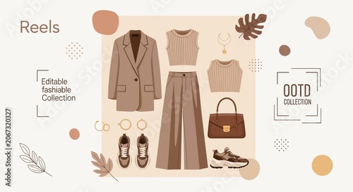 Modern womens fashion outfit set featuring a blazer and trousers.