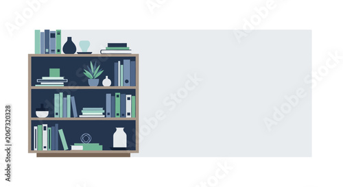 Modern wooden bookshelf filled with various books and decorative items.