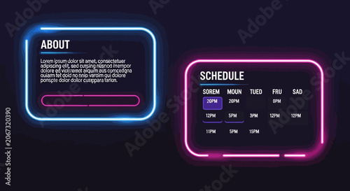 Neon glowing digital interface panels with about and schedule sections.