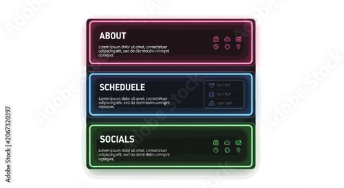Neon twitch profile panel set with about schedule and socials buttons.