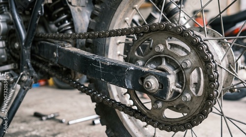 Photo of motorcycle chain drive and sprocket wheel detail made by AI generative