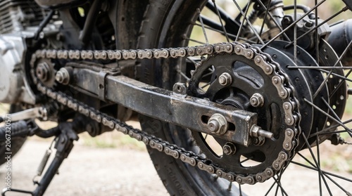 Photo of motorcycle chain drive and sprocket wheel detail made by AI generative