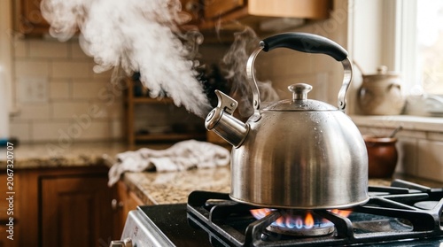  Photo of metal kettle boiling on gas stove with steam made by AI generative
