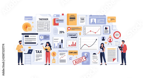 Professional business team analyzing tax and financial data reports.