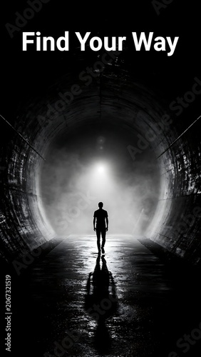 Silhouette of Man Walking Toward Light in Dark Tunnel, Find Your Way Concept for Hope, Direction and New Beginnings
