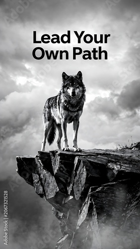 Lone Wolf Standing on Rocky Cliff Edge Against Cloudy Sky, Lead Your Own Path Concept for Leadership and Independence