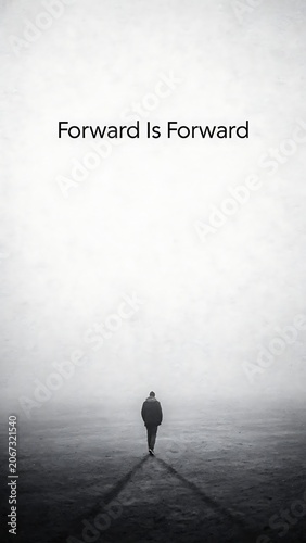 Lone Man Walking in Foggy Field Casting Long Shadow, Forward Is Forward Concept for Progress, Solitude and Perseverance