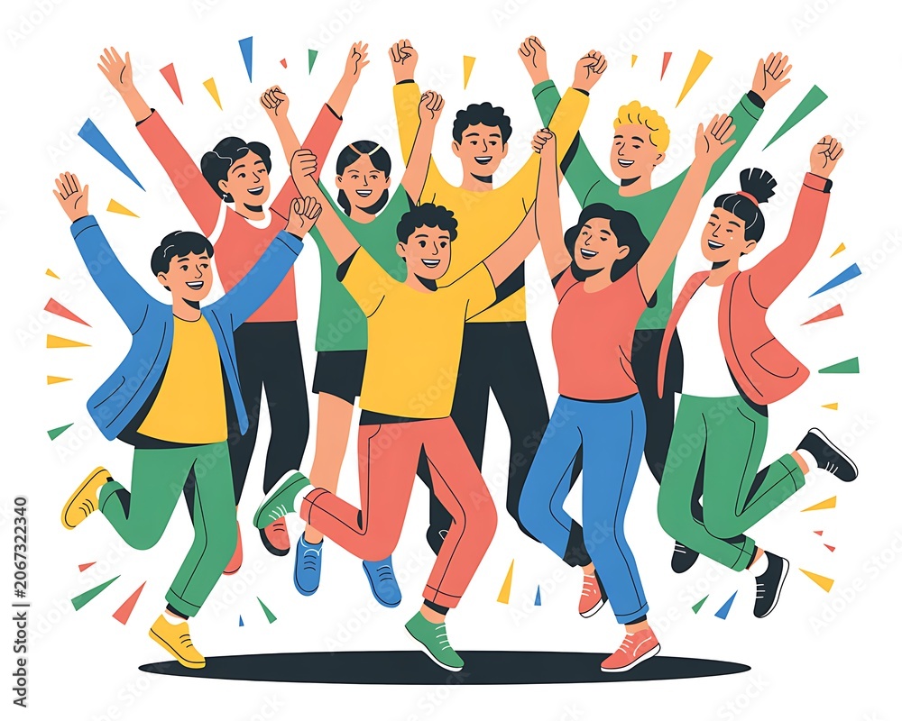Obraz premium Diverse Group of People Jumping Up in Celebration on White Background with Confetti