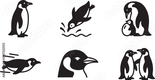 Tableau sur toile Set of simple black and white penguin icons showing various poses and activities