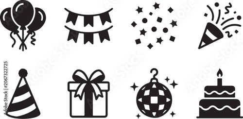 Obraz na płótnie Set of black birthday and party celebration icons featuring balloons bunting con