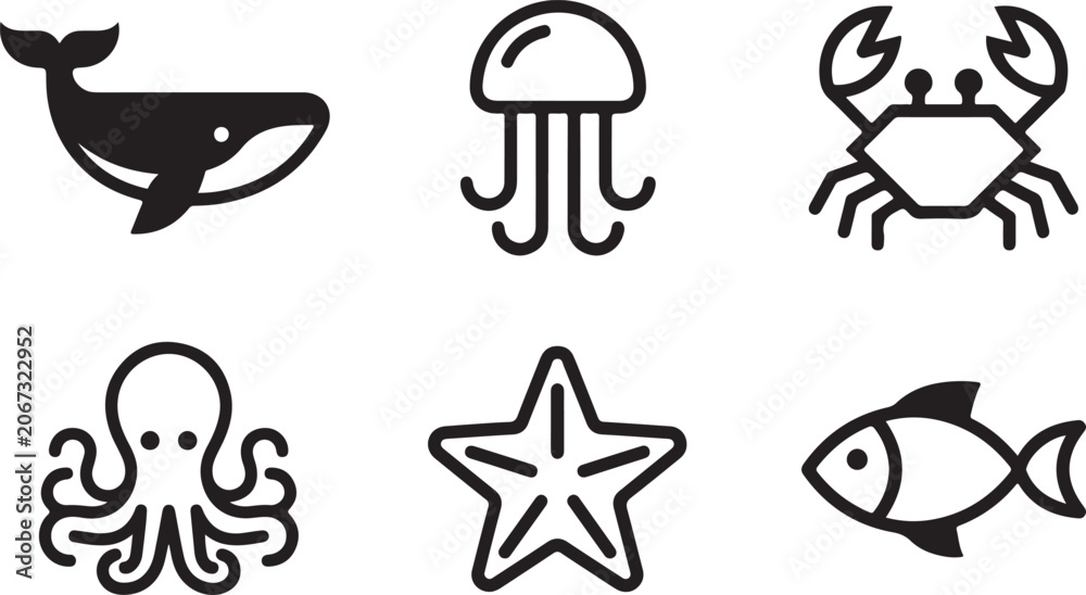 Fototapeta premium Set of black and white sea animal icons featuring a whale jellyfish crab octopus starfish and fish for ocean design Vector
