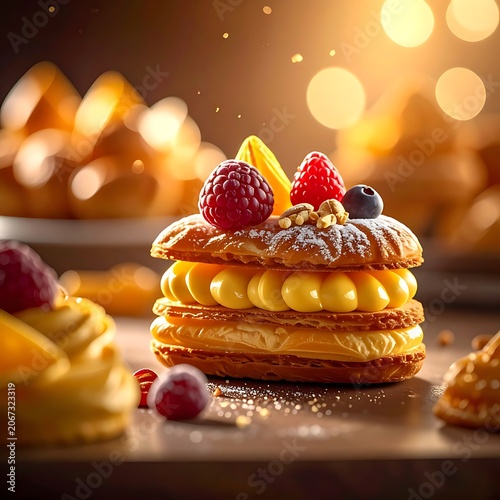 A pastry with yellow cream and fruits on top