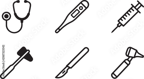 Foto Set of black line icons for medical tools including stethoscope thermometer syri